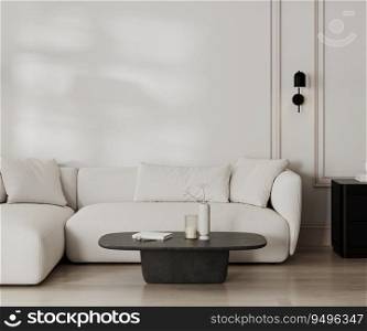 modern living room with white sofa and wall with moldings, black and white french style, 3d render