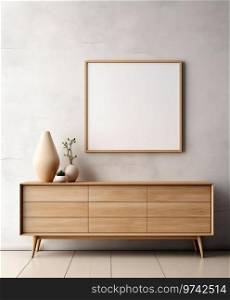 Modern Living Room  Wooden Cabinet and Mock-Up Poster Frame Against Concrete Wall. Generative ai. High quality illustration. Modern Living Room  Wooden Cabinet and Mock-Up Poster Frame Against Concrete Wall. Generative ai