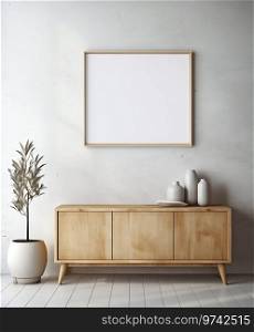 Modern Living Room  Wooden Cabinet and Mock-Up Poster Frame Against Concrete Wall. Generative ai. High quality illustration. Modern Living Room  Wooden Cabinet and Mock-Up Poster Frame Against Concrete Wall. Generative ai