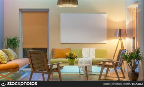 Modern Livingroom with colored led light - Picture background. 3D render