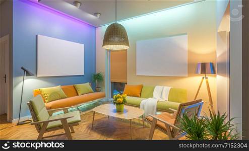 Modern Livingroom with colored led light - Picture background. 3D render
