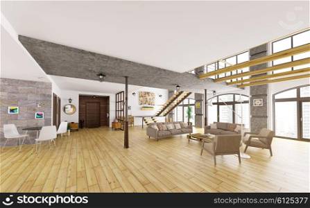 Modern loft apartment interior, living room, hall, dining room, staircase 3d render