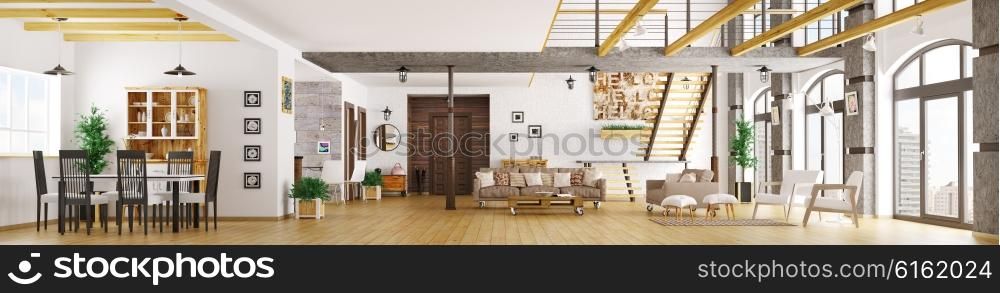 Modern loft apartment interior, living room, hall, dining room,staircase, panorama 3d render