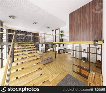Modern loft apartment interior, living room,kitchen, staircase, 3d render