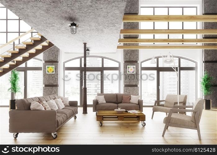 Modern loft apartment interior, living room, sofa and armchairs 3d render