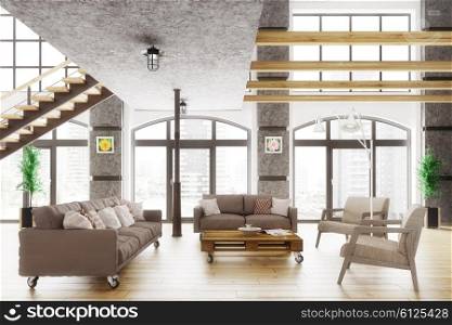Modern loft apartment interior, living room, sofa and armchairs 3d render
