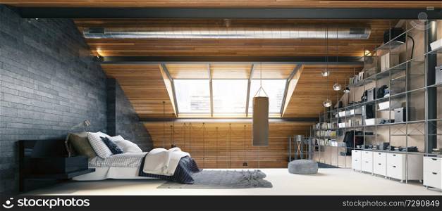 modern loft bedroom interior. 3d rendering design