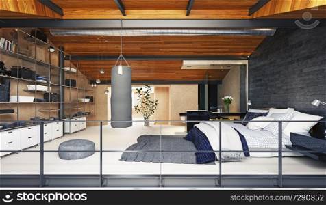 modern loft bedroom interior. 3d rendering design