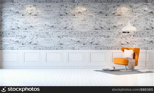 Modern loft interior ,living room, white wood flooring, yellow armchair and white lamp on bright gray bricks wall background , 3d render