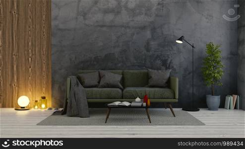 Modern loft interior of living room,dark green sofa on white flooring and dark concrete wall .empty room ,3d rendering