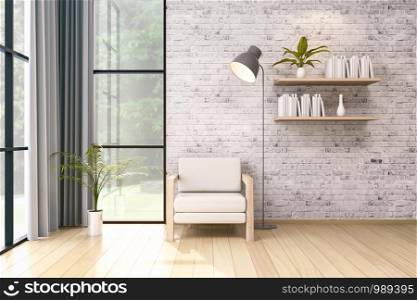 Modern loft interior of living room with blue armchairs on white flooring and dark blue wall .empty room ,3d rendering