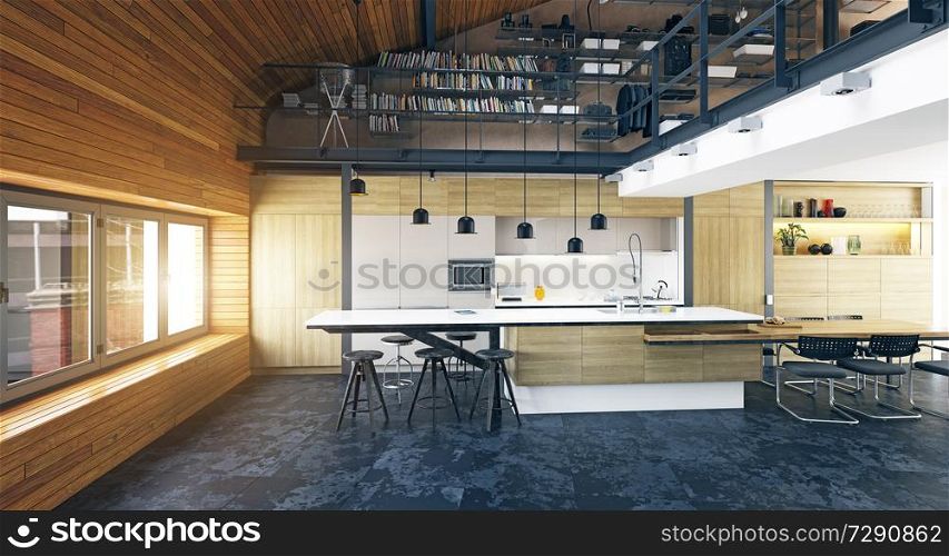 modern loft kitchen interior, 3d rendering design