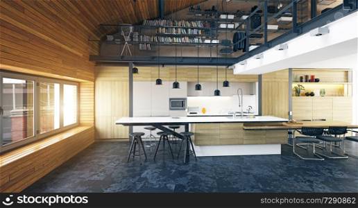 modern loft kitchen interior, 3d rendering design