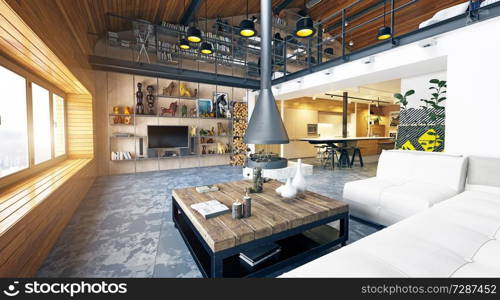 modern loft living room interior. 3d rendering design concept