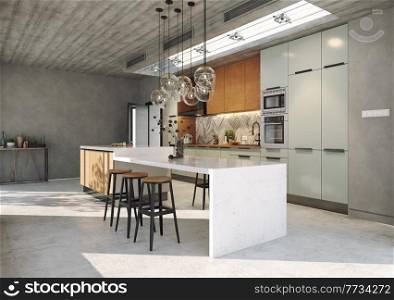 modern loft style kitchen interior. 3d rendering design concept