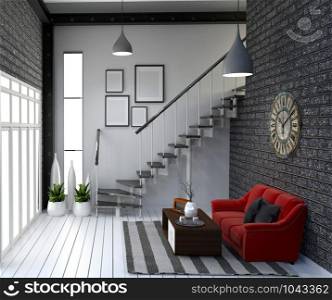 Modern loft style living interior design. 3d rendering