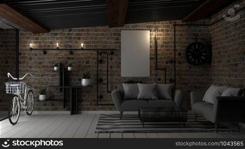 Modern loft style living interior design. 3d rendering