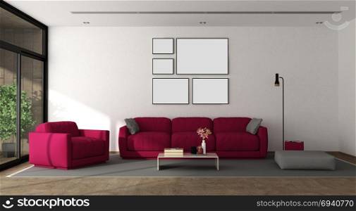 Modern lounge with furniture. Modern living room with sofa,armchair and large window - 3d rendering