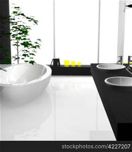 Modern luxurious bathroom with contemporary design and furniture, colored in black and white, 3d rendering.