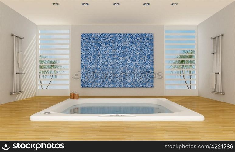 Modern luxury bathroom with big bathtub and mosaic wall - rendering