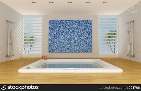 Modern luxury bathroom with big bathtub and mosaic wall - rendering