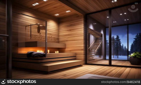 Modern Luxury Sauna in a Home Interior. Generative ai. High quality illustration. Modern Luxury Sauna in a Home Interior. Generative ai