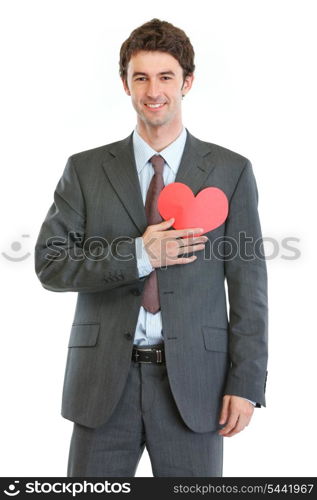 Modern man in business suit with heart shaped postcard
