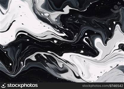 modern marbling background features black and white liquid with white particles. Generative AI