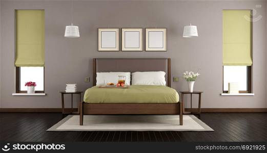Modern master bedroom. Brown and green master bedroom with wooden bed and two windows - 3d rendering