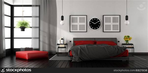 Modern master bedroom. Modern master bedroom with red and black double bed,nightstand and footstool - 3d rendering