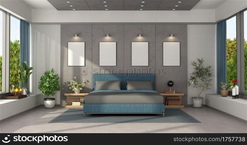 Modern master bedroom with blue double bed against concrete panels - 3d rendering. Modern master bedroom with blue double bed