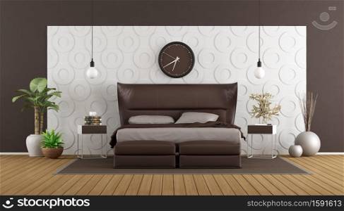 Modern master bedroom with brown double bedroom against decorative panel - 3d rendering. Modern master bedroom with decorative panel