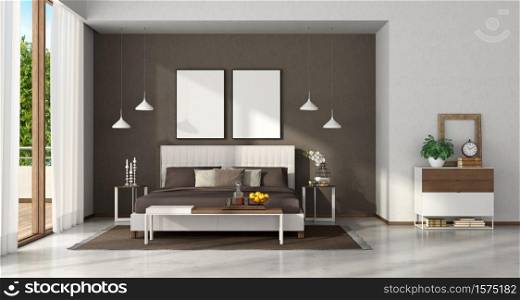 Modern master bedroom with elegant double bend,bench and chest of drawers - 3d rendering. White and brown modern master bedroom