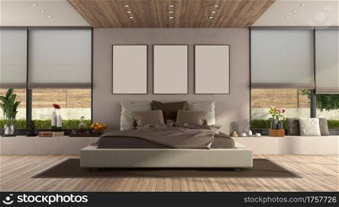 Modern master bedroom with large double bed and window - 3d rendering. Modern master bedroom with large double bed