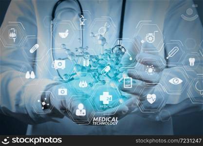 Modern medical technology concept.scientist doctor hand touch virtual molecular structure in the lab
