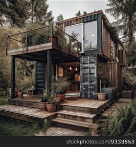 Modern metal building made from shipping containers and in forest and blue sky background. container house design in forest. Generative Ai