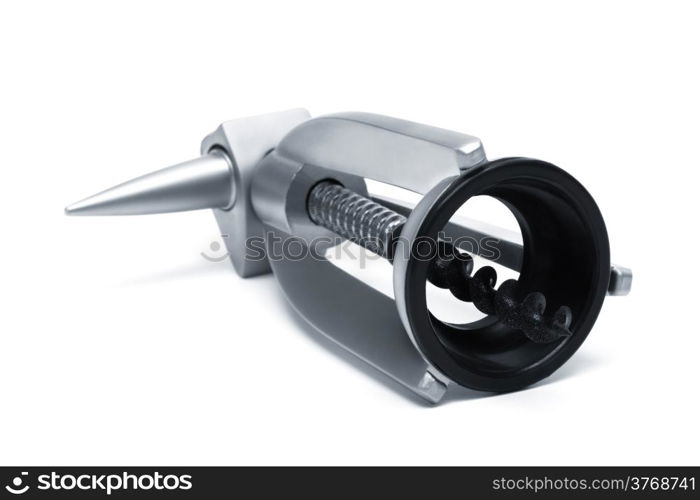 Modern metal corkscrew on a white background