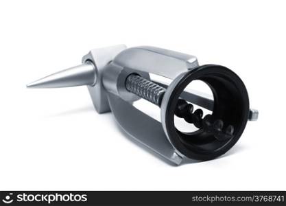 Modern metal corkscrew on a white background