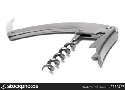 Modern metal corkscrew on a white background