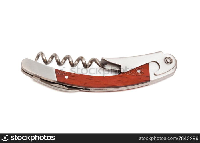 Modern metal corkscrew on a white background