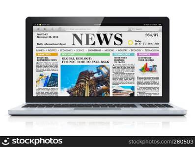 Modern metal glossy office laptop with business news internet web site on screen isolated on white background with reflection effect