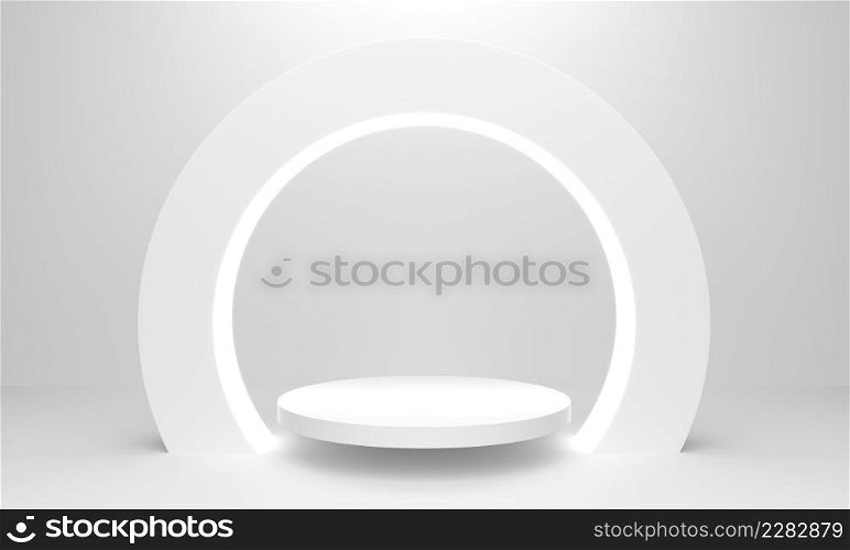 Modern minimal scene with geometrical circle. Cylinder circle neon on podiums in white background. Scene stand to show cosmetic product, Showcase, shopfront, display case. 3d rendering illustration.