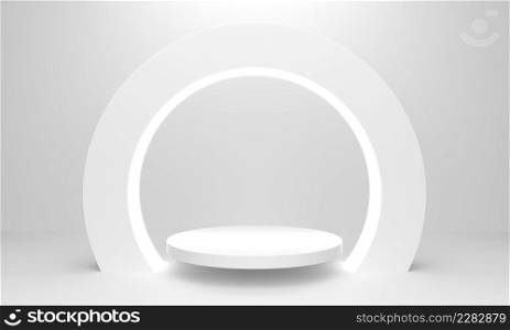 Modern minimal scene with geometrical circle. Cylinder circle neon on podiums in white background. Scene stand to show cosmetic product, Showcase, shopfront, display case. 3d rendering illustration.