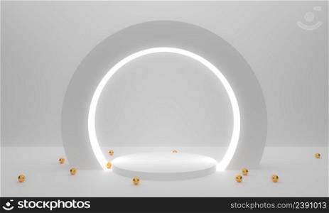 Modern minimal scene with geometrical circle. Cylinder circle neon on podiums in white background. Scene stand to show cosmetic product, Showcase, shopfront, display. 3d rendering spheres ball golden