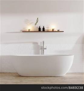 modern minimalist bathroom interior with bathtub and shelf with decoration above, 3d rendering