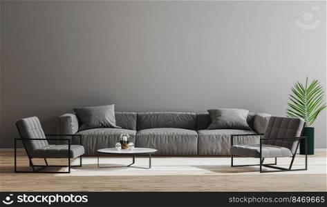 Modern minimalist living room interior mock up with gray sofa, armchairs and coffee table, living room interior background, scandinavian style, modern furnished room, 3d rendering