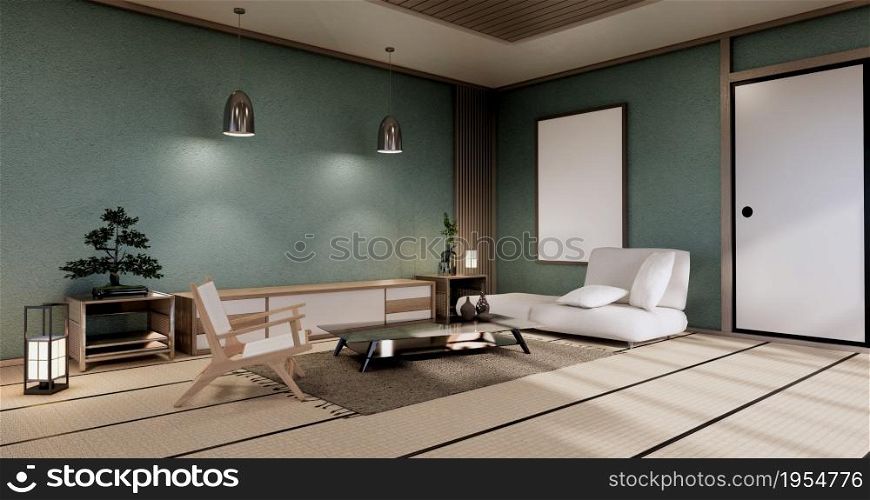 Modern mint japanese living room interior, sofa and cabinet table on room white wall background.3D rendering