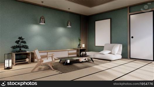 Modern mint japanese living room interior, sofa and cabinet table on room white wall background.3D rendering