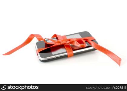 Modern mobile phone with a red ribbon