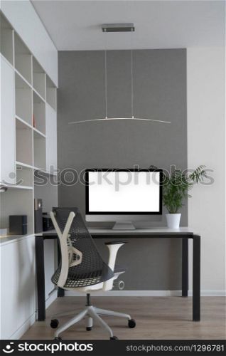 Modern mockup computer monitor on an office table and orthopaedic chair as a well-disigned comfortable working place with natural daylighting, copy space. Home office concept.. Home working place with modern desk and mock-up computer monitor.